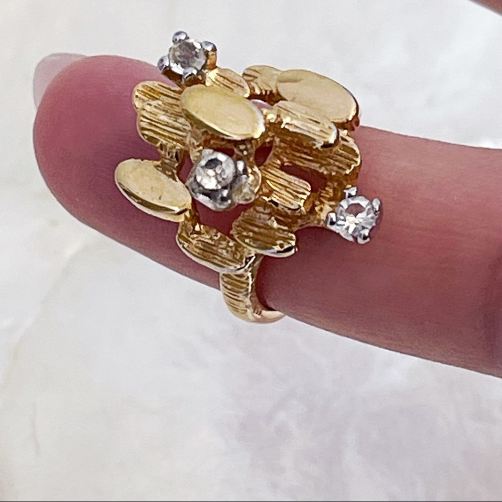 Vintage 18K HGE CZ Abstract Nugget Brutalist Ring Sz 5 Cocktail Statement Ring - Picture 9 of 13